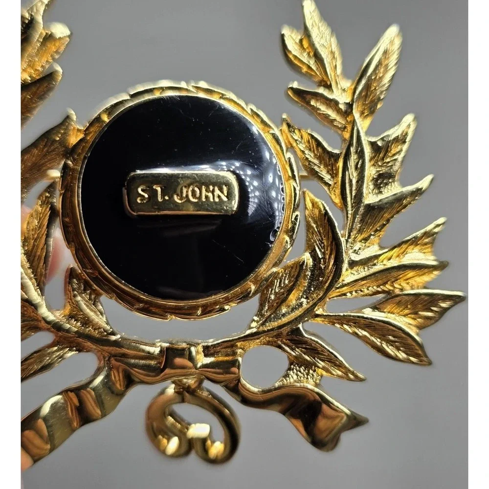 Rare Vintage ST. JOHN Maltese Gold Plated Black Enamel Dangle Logo Pin Brooch